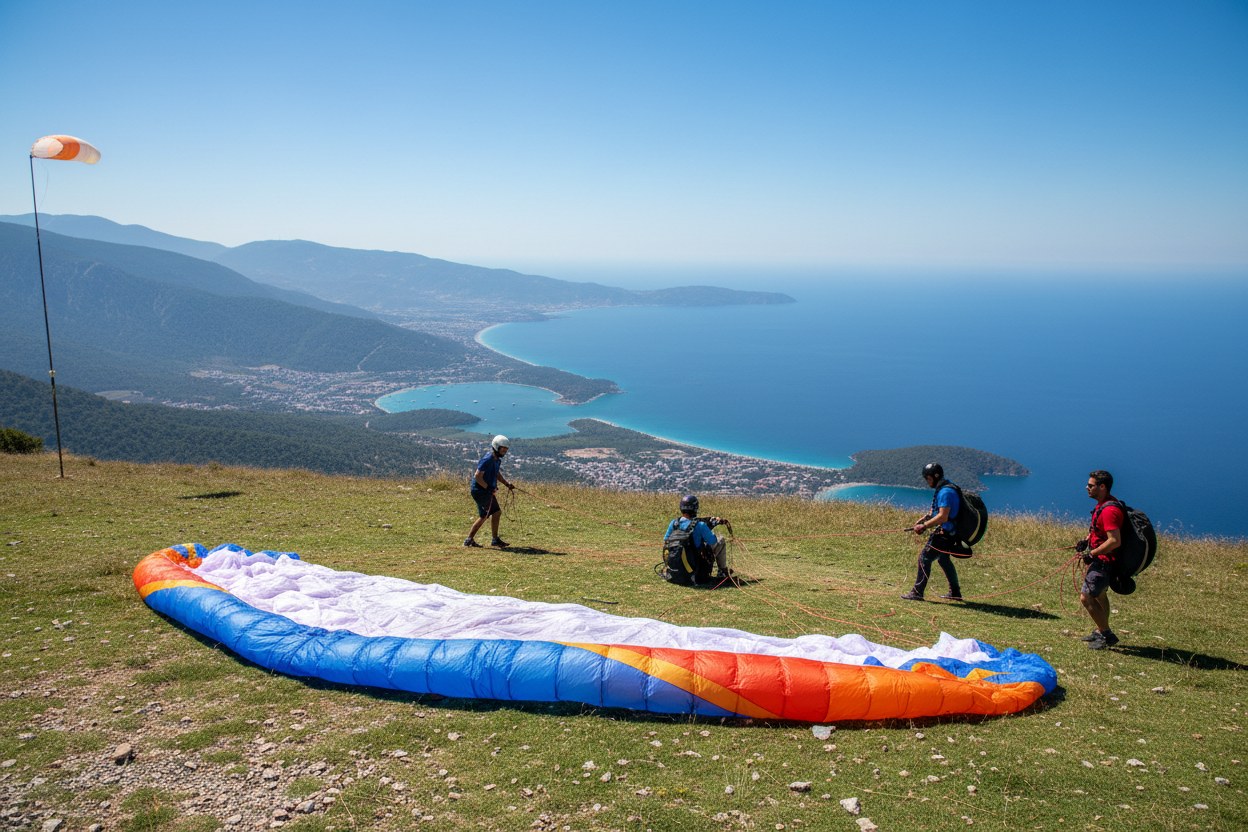 Babadağ kalkış rampasında hazırlanan tandem paraşüt