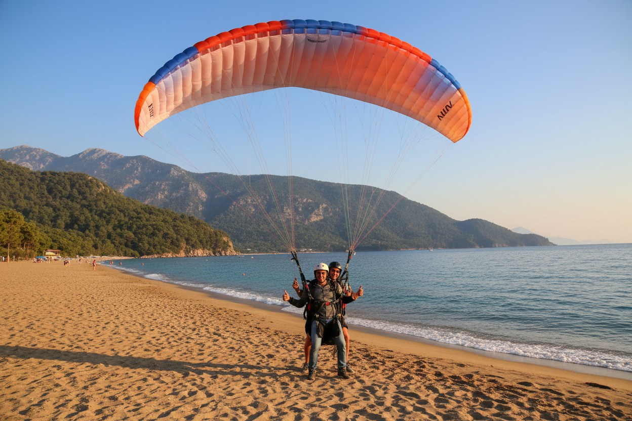 Belcekız plajına yumuşak tandem paraşüt inişi