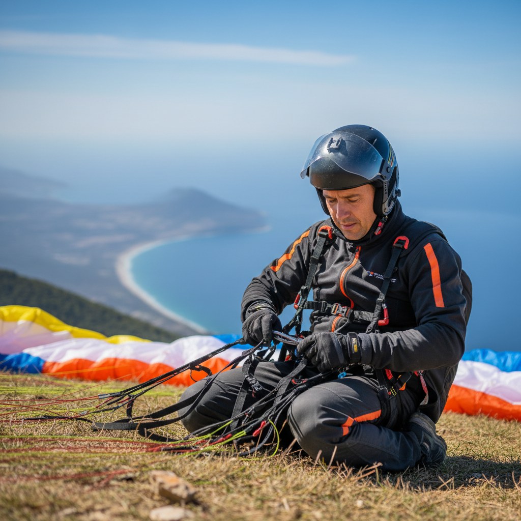 Sertifikalı tandem pilot kalkış öncesi ekipman kontrolü yaparken